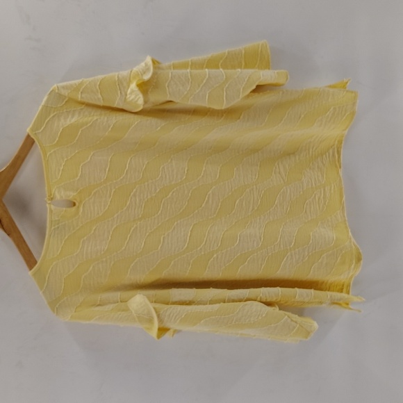 Chico's Pullover Yellow Blouse Size 12 Applique Stripe Ruffle Sleeve - Picture 7 of 7